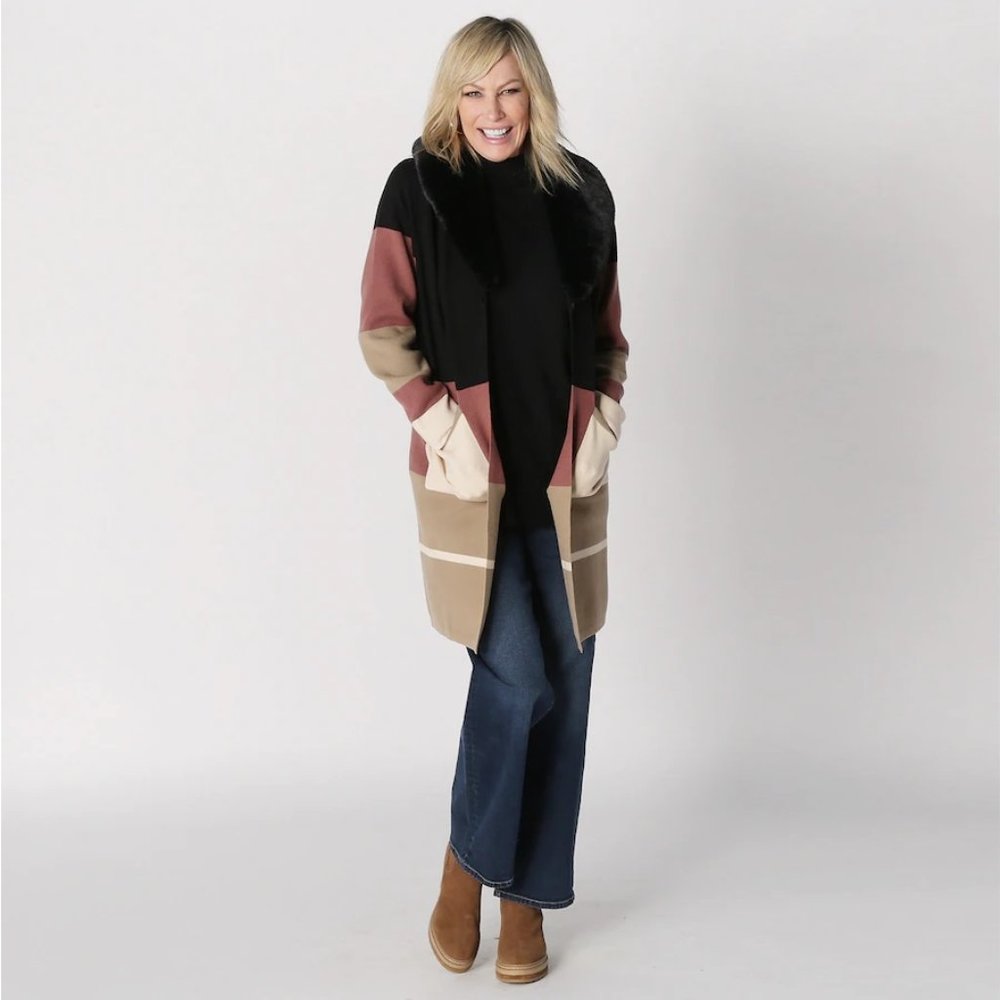 New Brian Bailey Knit Colour Block Cardigan Coat With Removable Faux Fur Collar